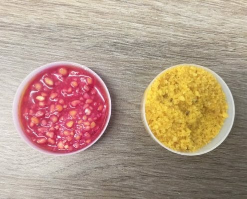 An image of two types of soybeans tested for trypsin inhibitors, the left is red indicating the presence of trypsin inhibitors and the right is yellow, indicating that it is safe for horses